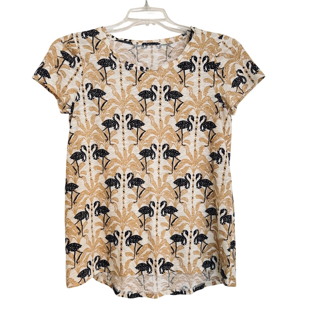 Lilly Pulitzer Etta V-Neck T-Shirt Sandbar Flamingo Palm Print Tan Black Small